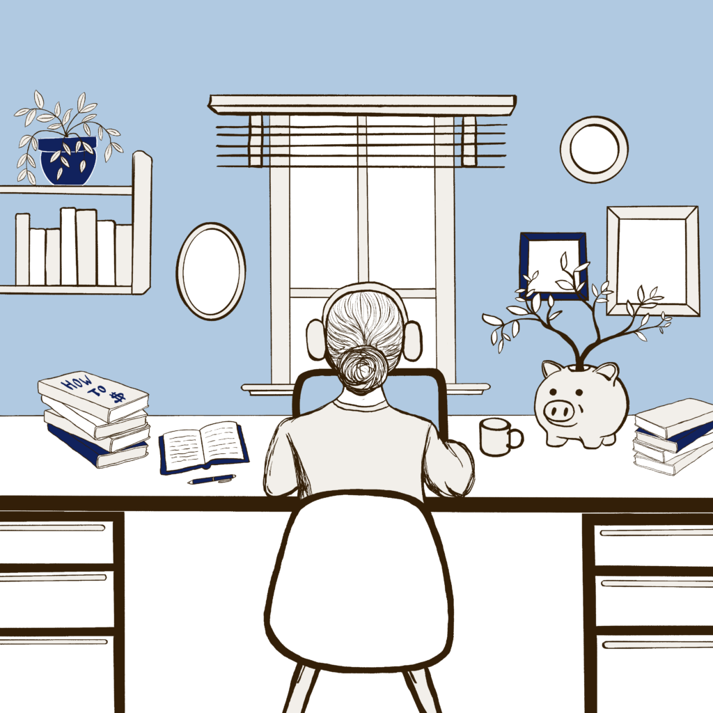 Woman sitting at computer learning about finances.